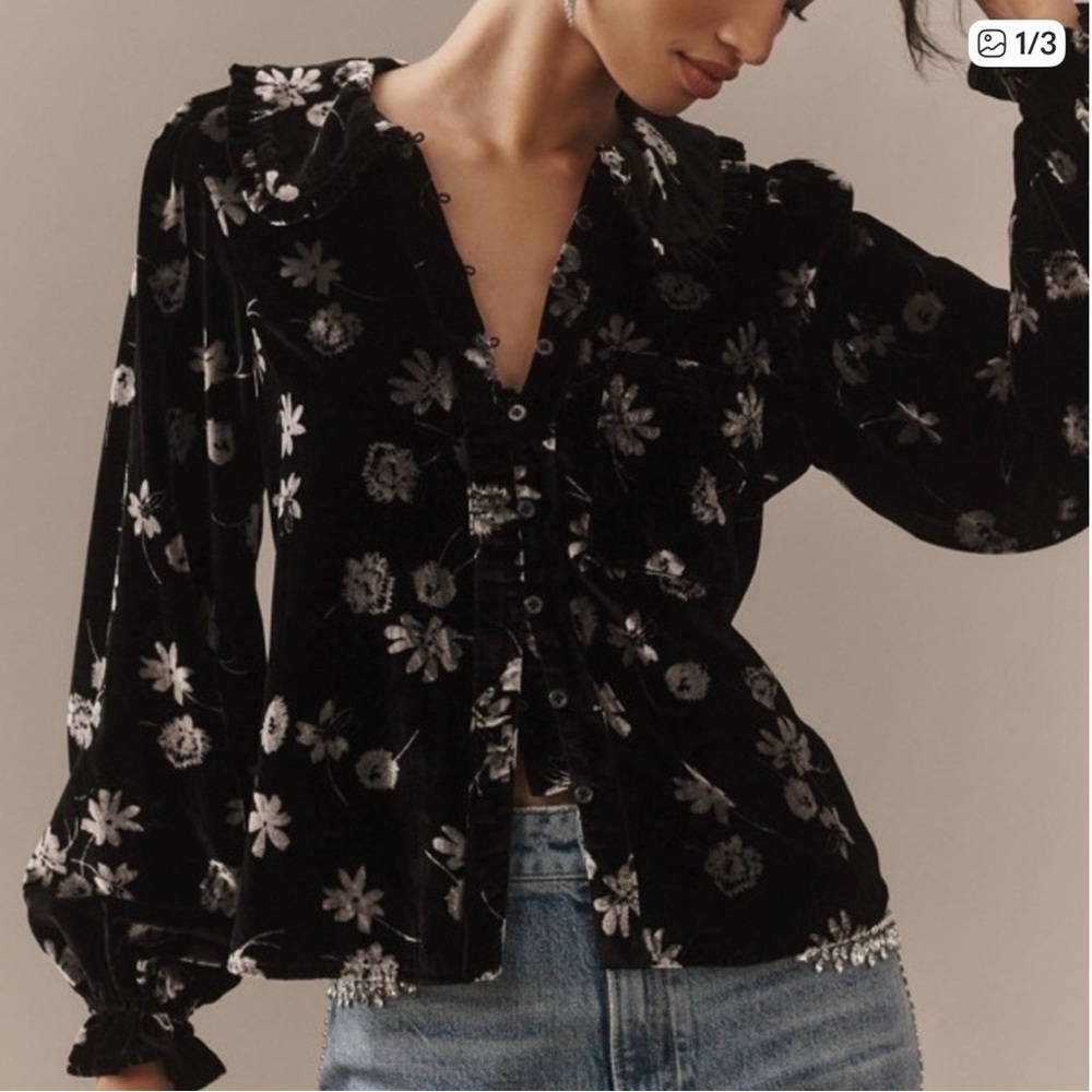 Anthropologie Kiera Black and White Floral Velvet Blouse